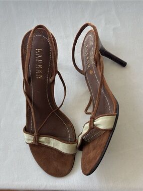 Lauren Ralph Lauren Brown Suede Heeled Sandals with Ivory Accent
